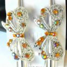 Orange Rhinestone Bow Alligator Hair Clip Barrette Silver Tone Set 2