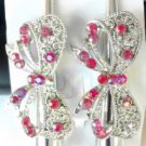 Pink Rhinestone Bow Alligator Hair Clip Barrette Silver Tone Set 2