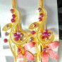 Pink Acrylic Rhinestone Salon Alligator Hair Clip Barrette Gold Tone Set 2