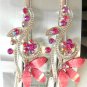 Pink Acrylic Rhinestone Salon Alligator Hair Clip Barrette Silver Tone Set 2