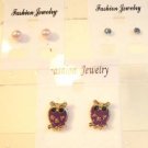 Lot 3 Purple Owl Pink Pearl Tone Blue Crystal Stud Earrings