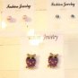 Lot 3 Purple Owl Pink Pearl Tone Blue Crystal Stud Earrings