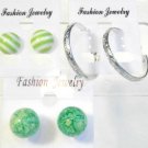 Lot 3 Green Stripe Stud Silver Tone Hoop Earrings