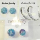 Lot 3 Aqua Purple Stud Silver Tone Hoop Earrings