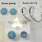 Lot 3 Aqua Purple Stud Silver Tone Hoop Earrings