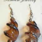 Brown Amber Twisted Screwed Glass Dangle Earrings