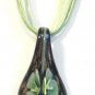 Green Organza Wax String Necklace 3 Flower Sparkle Teardrop Pendant