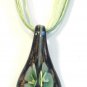 Green Organza Wax String Necklace 3 Flower Sparkle Teardrop Pendant