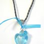 Black Braided Leather Necklace Blue Heart Lampwork Glass Pendant Organza Beads