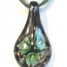 Dark Green Organza Wax String Necklace 3 Flower Sparkle Teardrop Pendant