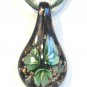 Dark Green Organza Wax String Necklace 3 Flower Sparkle Teardrop Pendant