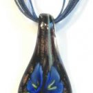 Dark Blue Organza Wax String Necklace 3 Flower Sparkle Teardrop Pendant