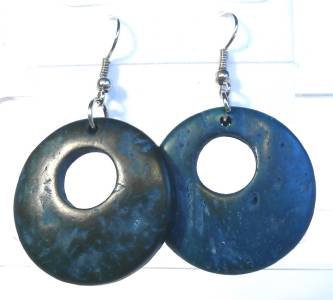 Teal Coconut Shell Round Dangle Earrings