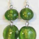 Round Lampwork Green Glass Silver Plated Dangle Earrings