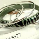 Green Tiger Stripe Acrylic 4 Thin Silver Tone Bangle Bracelet Set