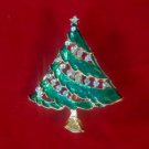 Gold Tone Green Christmas Holiday Tree Rhinestone Ornament Broach Brooch Pin