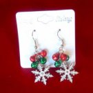 Green Red Jingle Bells White Snowflake Dangle Earrings Christmas Holiday Gift