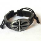 Black Hemp Leather Bracelet Oval Pewter Flared Cross