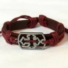 Red Hemp Brown Leather Bracelet Dog Tag Pewter Budded Cross