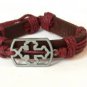 Red Hemp Brown Leather Bracelet Dog Tag Pewter Budded Cross