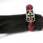 Red Hemp Brown Leather Bracelet Dog Tag Pewter Budded Cross