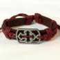 Red Hemp Brown Leather Bracelet Dog Tag Pewter Budded Cross