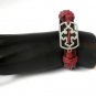 Red Hemp Brown Leather Bracelet Dog Tag Pewter Budded Cross