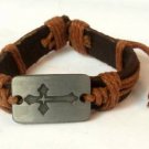 Brown Hemp Leather Bracelet Rectangle Pewter Budded Cross Inside