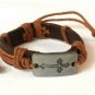 Brown Hemp Leather Bracelet Rectangle Pewter Budded Cross Inside