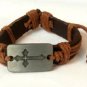 Brown Hemp Leather Bracelet Rectangle Pewter Budded Cross Inside