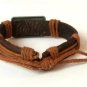 Brown Hemp Leather Bracelet Rectangle Pewter Budded Cross Inside
