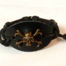 Black Hemp Leather Bracelet Gold Tone Skull Cross Leg Bones