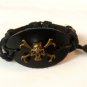 Black Hemp Leather Bracelet Gold Tone Skull Cross Leg Bones