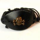 Black Hemp Leather Bracelet Gold Tone Skull Crossbones