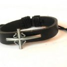 Black Hemp Leather Bracelet Pewter Cross Hearts
