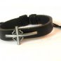 Black Hemp Leather Bracelet Pewter Cross Hearts