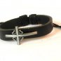 Black Hemp Leather Bracelet Pewter Cross Hearts