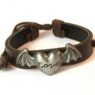 Brown Hemp Leather Bracelet Pewter Love Heart Wings