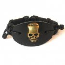 Black Hemp Leather Bracelet Gold Tone Skull