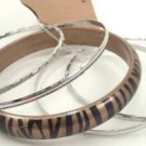 Gold Color Tiger Stripe Acrylic 4 Thin Silver Tone Bangle Bracelet Set