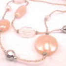 Peach Seed Bead Necklace Set Glossy Pearlized Silver Tone Beads Dangle Earrings