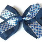 Dark Blue Silver Checkered Hair Bows Alligator Clip Barrette
