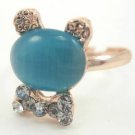 Blue Cats Eye Rhinestone Bunny Rabbit Bow Tie Gold Tone Ring Gift Box Included