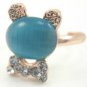 Blue Cats Eye Rhinestone Bunny Rabbit Bow Tie Gold Tone Ring Gift Box Included