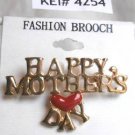 Happy Mother's Day Fashion Brooch Broach Pin Red Heart Gold Tone