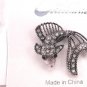 Cast Antique Silver Color Fish Broach Pin Brooch Clear Crystal Stones