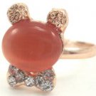 Coral Cats Eye Rhinestone Bunny Rabbit Bow Tie Gold Tone Ring Gift Box Included