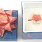 Coral Cats Eye Rhinestone Bunny Rabbit Bow Tie Gold Tone Ring Gift Box Included