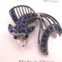 Cast Antique Silver Color Fish Broach Pin Brooch Blue Crystal Stones