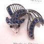 Cast Antique Silver Color Fish Broach Pin Brooch Blue Crystal Stones